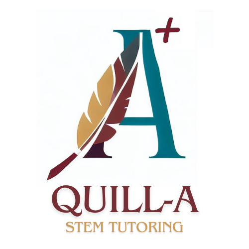 Logo of Quill-A STEM tutoring; a quill with the grade A+ for chemistry, physics, mathematics and biology